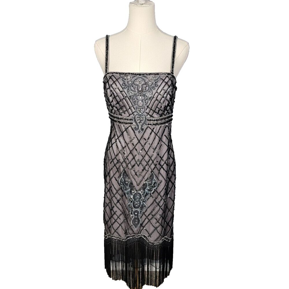 Sue Wong New Size 8/Med Beaded Dress Fringe New Gatsby Hoco Platinum Black
